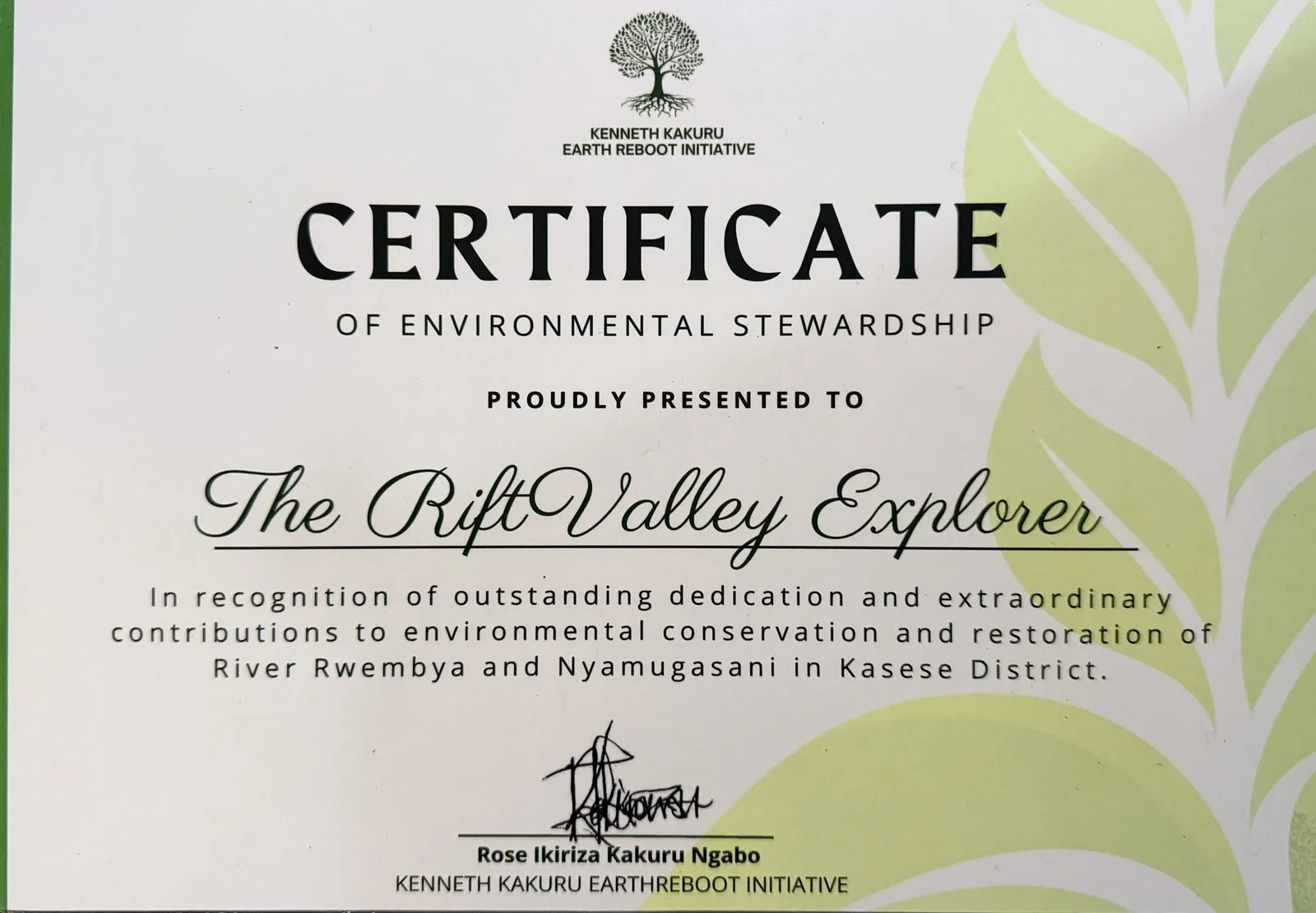 Certificate of Environmental Stewardship — The Rift Valley Explorer